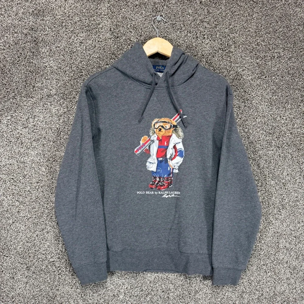 Polo Ralph Lauren Hoodie Mens M Gray Fleece Lined Ski Bear Sweatshirt Pockets